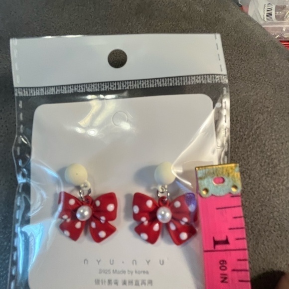 Fashion drop pierced earrings, red and white polkadot bow, imitation pearl - Picture 8 of 9